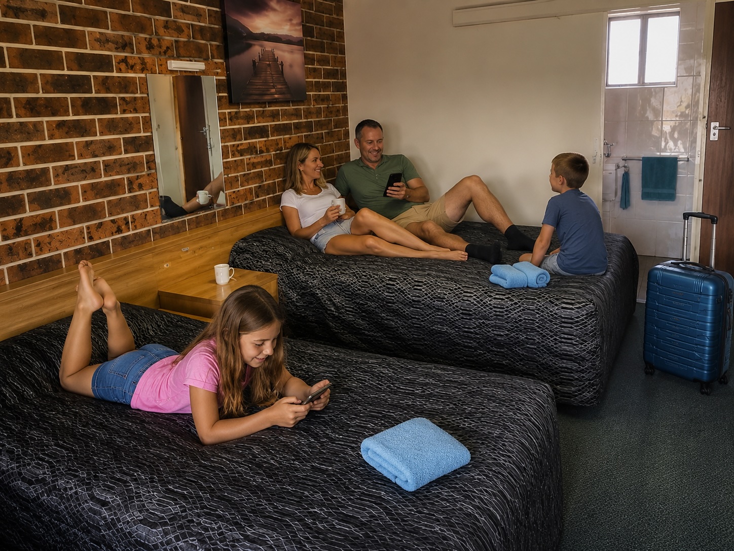 Family relaxing in a spacious family room at Denman Motor Inn